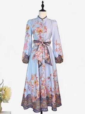 Designer-style Light Blue Floral Tie-Waist Maxi Dress
